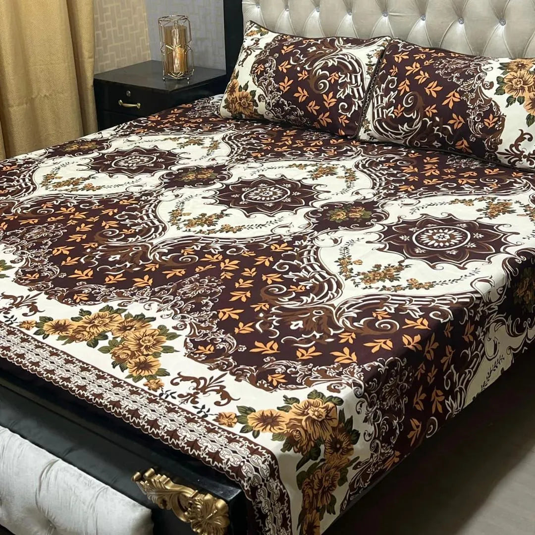 Crystal Cotton Double Bedsheet Set Brown Cream Floral