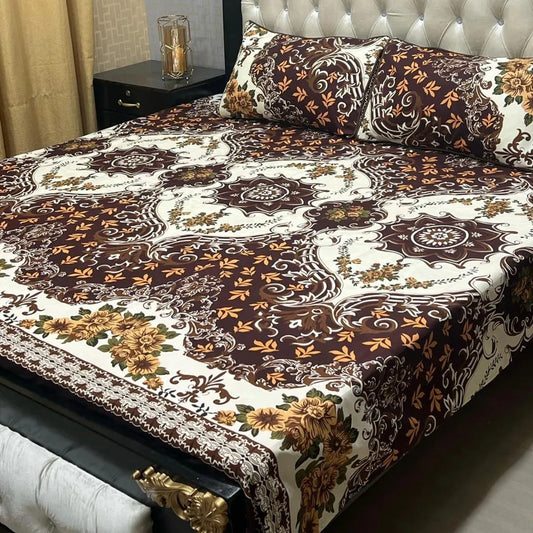 Crystal Cotton Double Bedsheet Set Brown Cream Floral