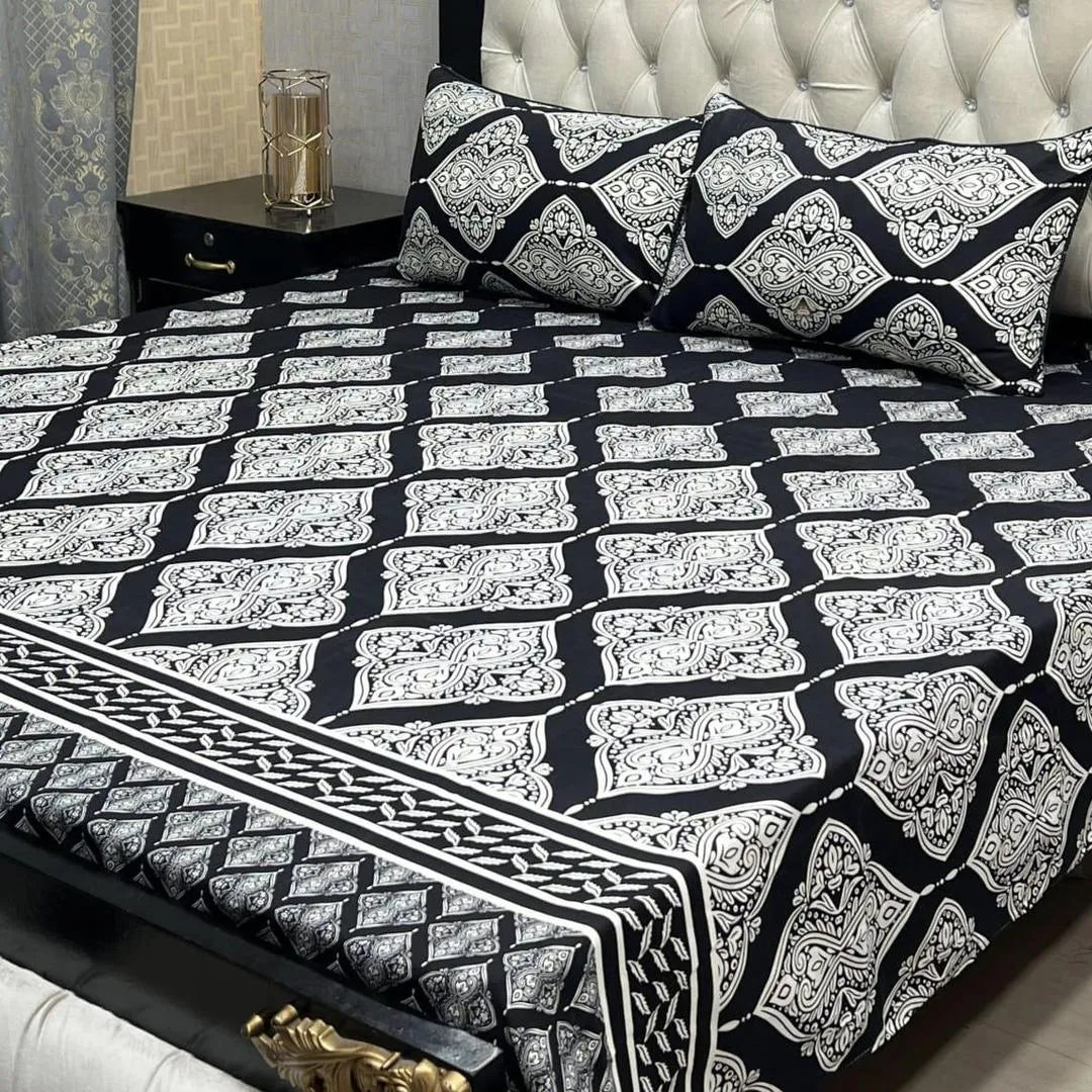 Black White Geometric Crystal Cotton Double Bedsheet Set