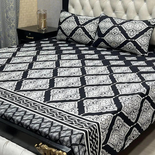 Black White Geometric Crystal Cotton Double Bedsheet Set