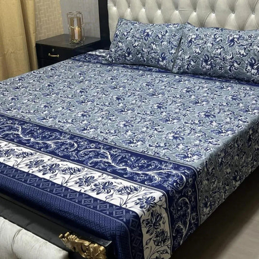 Blue Floral Crystal Cotton Double Bedsheet Set with Pillow Covers