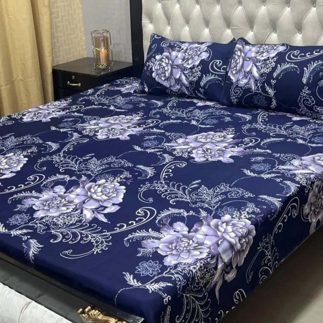 Double Bed Sheet Set Blue Floral Crystal Cotton 3 Pcs