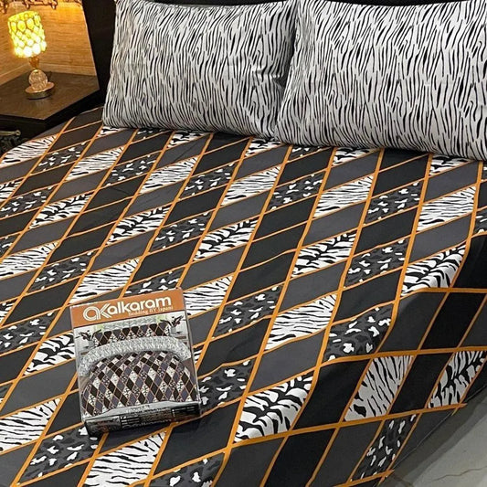 Double Bed Sheet Set Cotton Salonica Black Gold Zebra Print