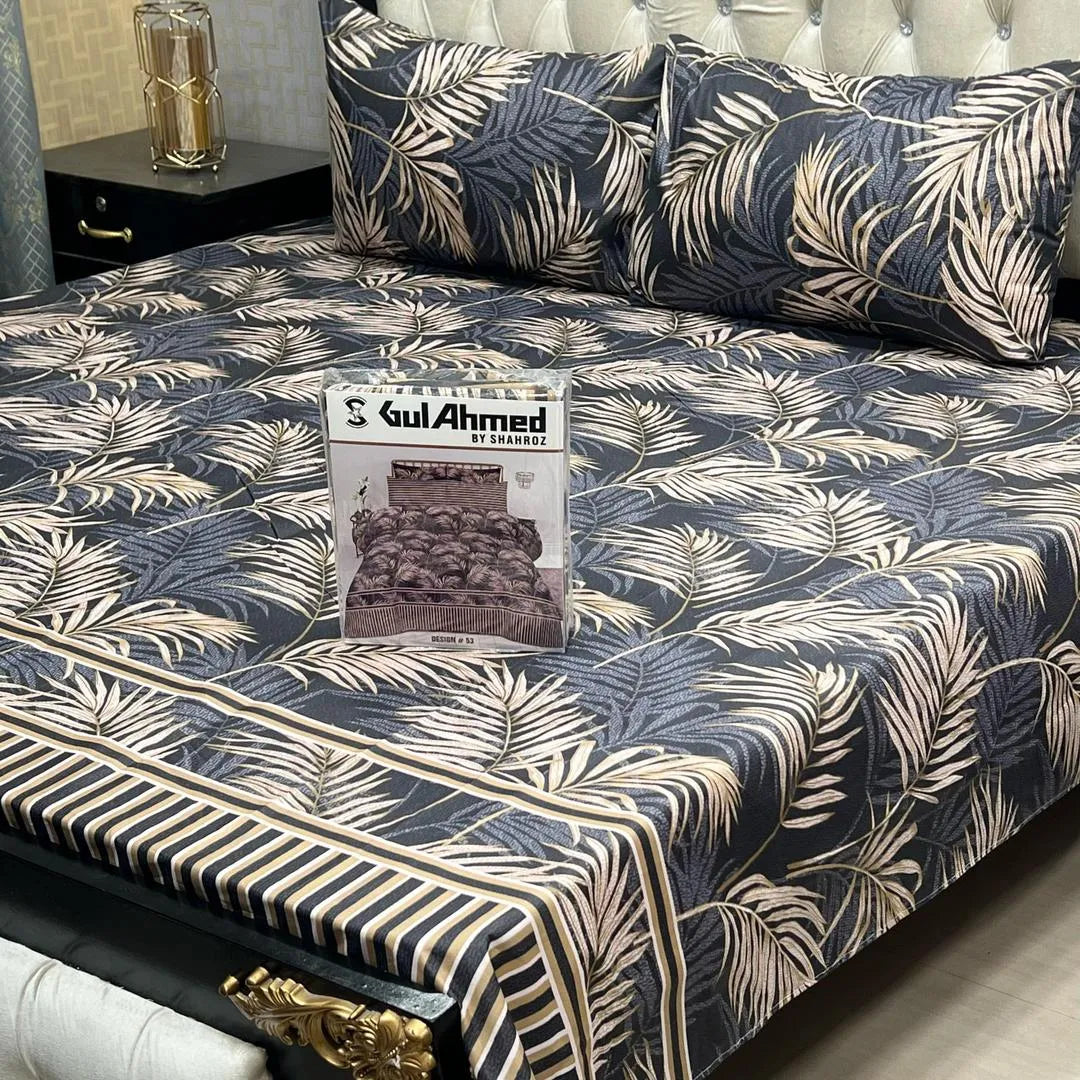 Cotton Salonica Printed Double Bedsheet Set Black Gold Leaf