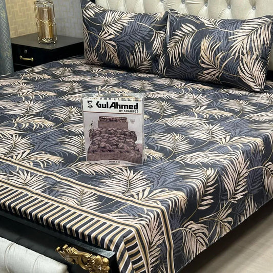Cotton Salonica Printed Double Bedsheet Set Black Gold Leaf
