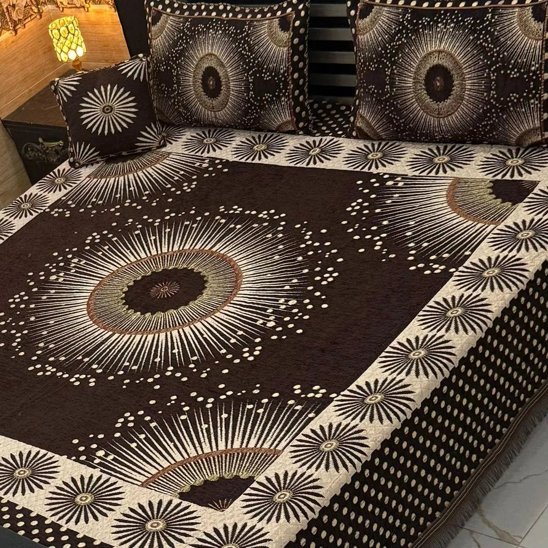 Brown Floral Quilted Bed Set with 4 Pcs