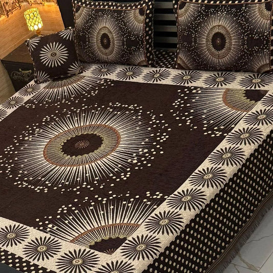 Brown Floral Quilted Bed Set with 4 Pcs