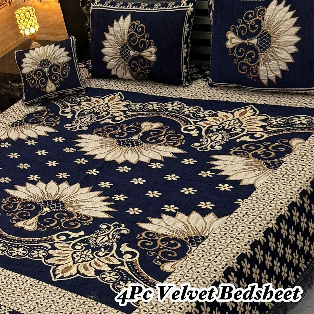 Blue Velvet Jacquard Bedsheet Set for Double Bed