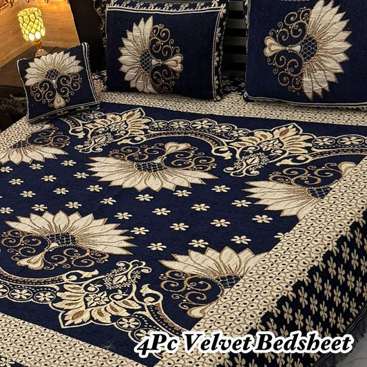 Blue Velvet Jacquard Bedsheet Set for Double Bed