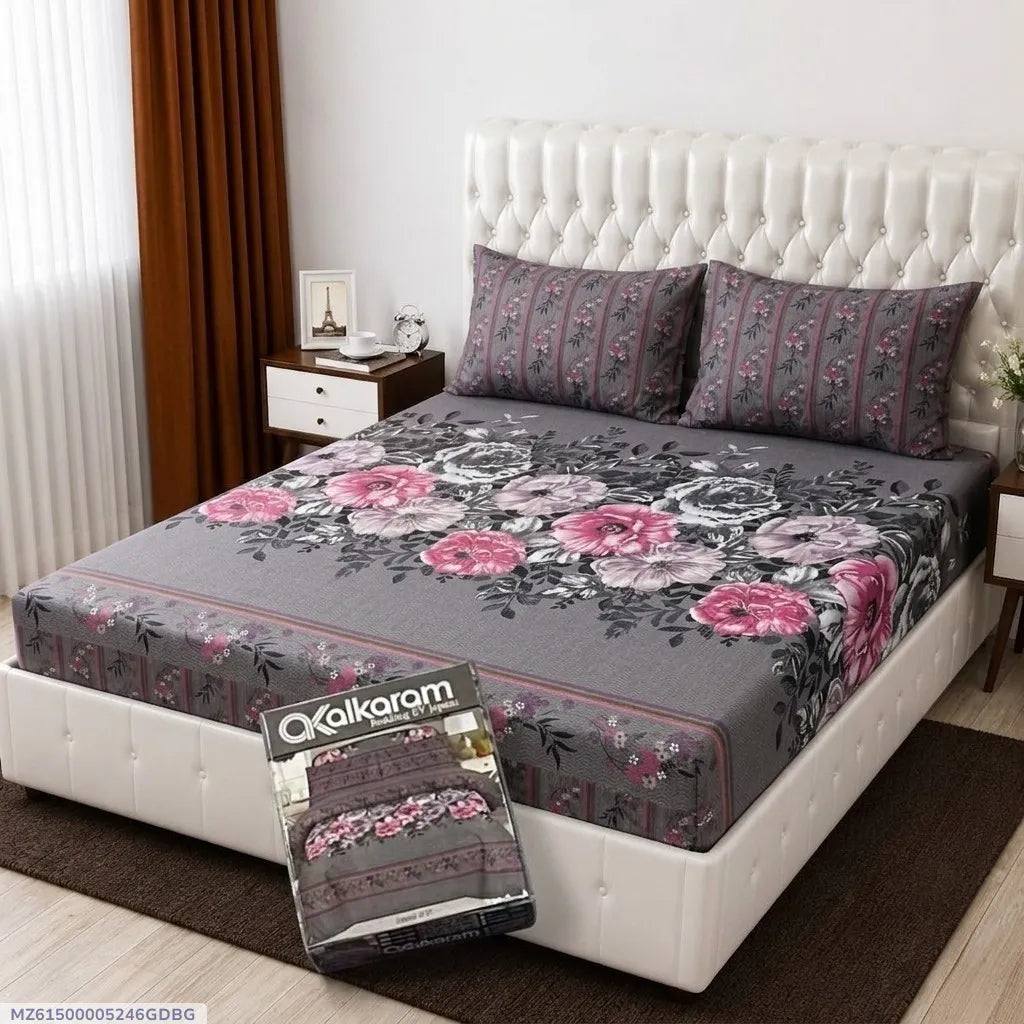 3 Pcs Cotton Salonica Printed Double Bedsheet
