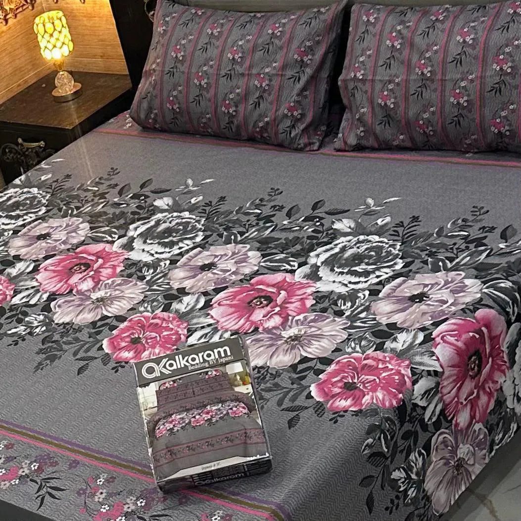 3 Pcs Cotton Salonica Printed Double Bedsheet