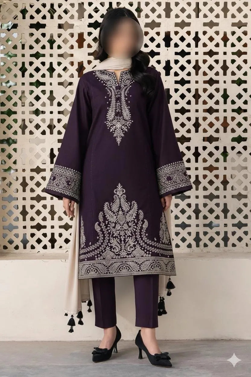 Purple Embroidered 3-Piece Lawn Suit for Eid & Weddings