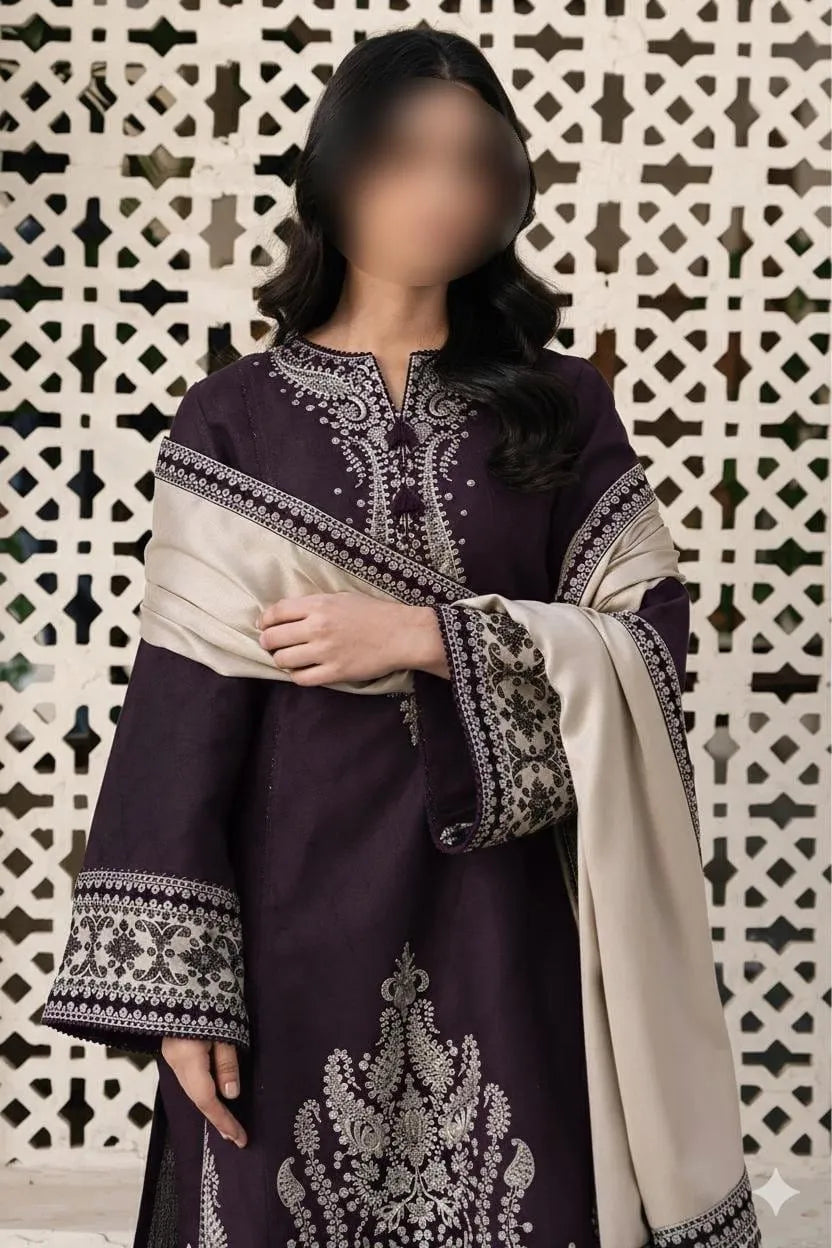 Purple Embroidered 3-Piece Lawn Suit for Eid & Weddings
