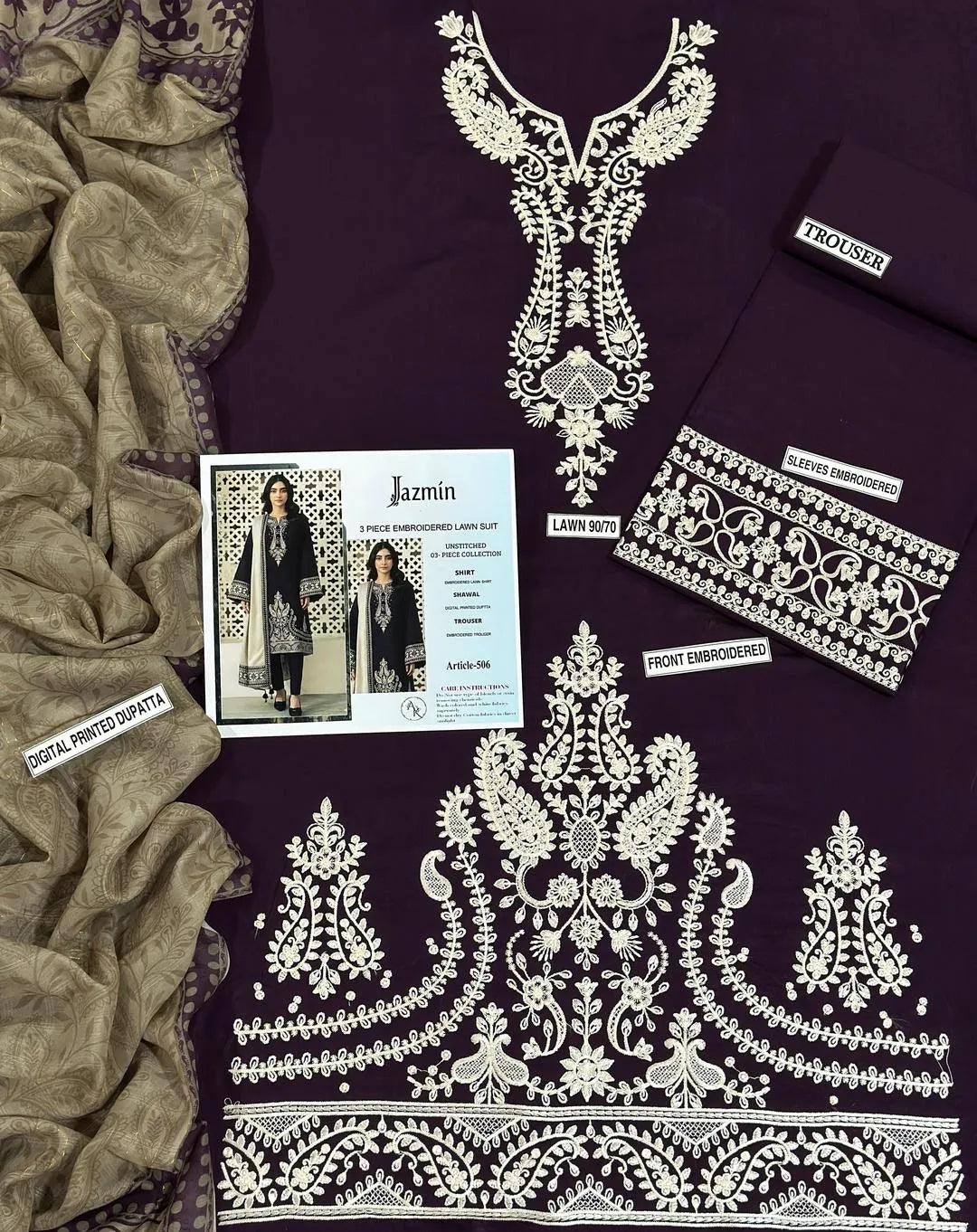Purple Embroidered 3-Piece Lawn Suit for Eid & Weddings