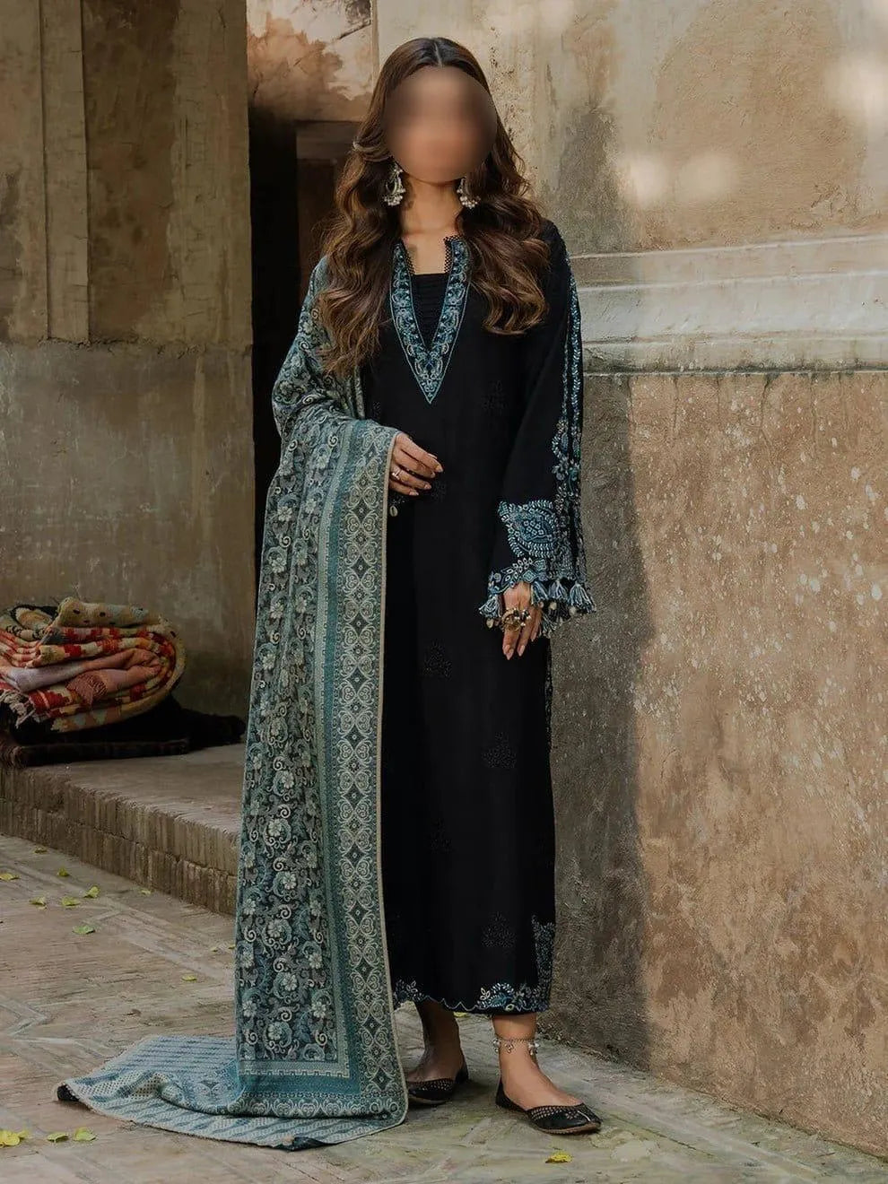 Black Embroidered Lawn Shirt with Blue Digital Print Dupatta