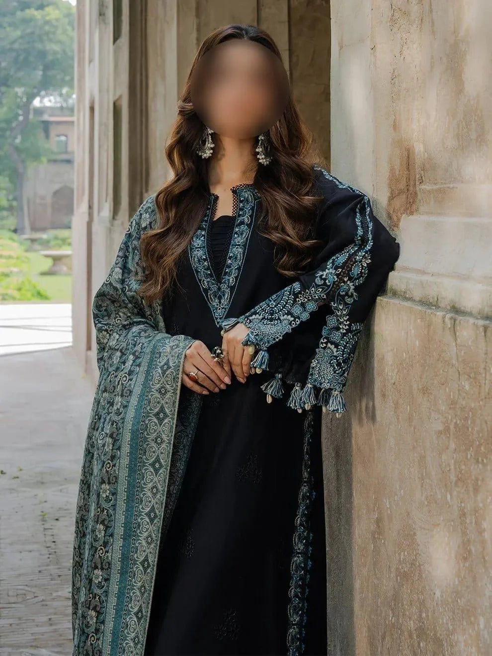 Black Embroidered Lawn Shirt with Blue Digital Print Dupatta
