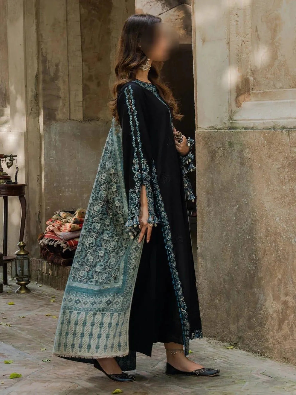Black Embroidered Lawn Shirt with Blue Digital Print Dupatta