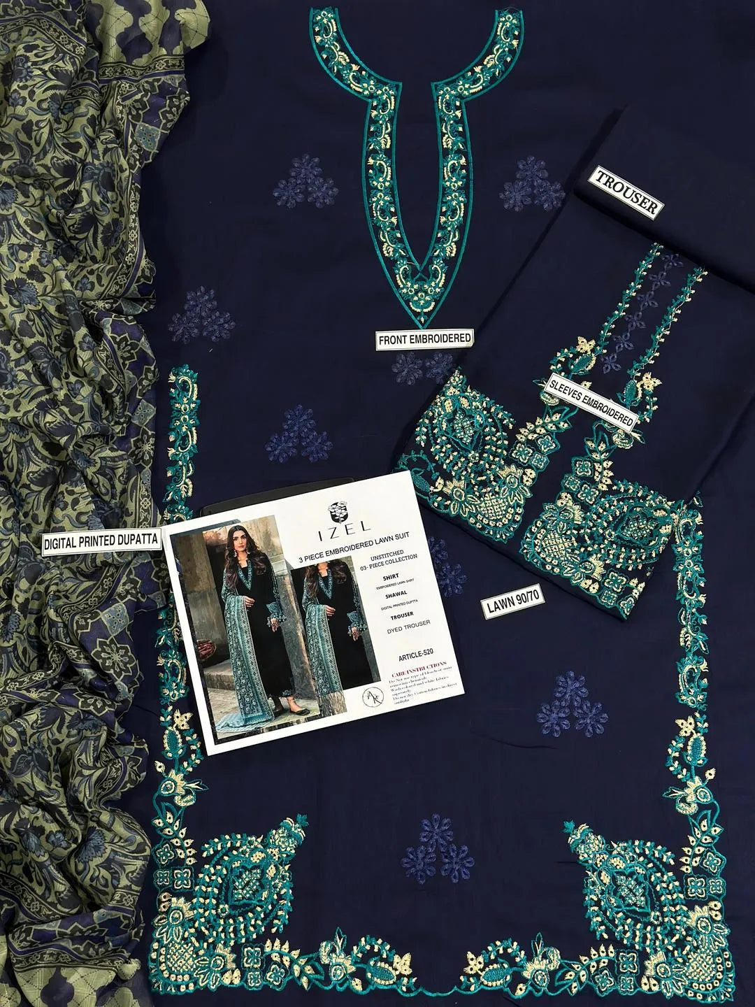 Black Embroidered Lawn Shirt with Blue Digital Print Dupatta