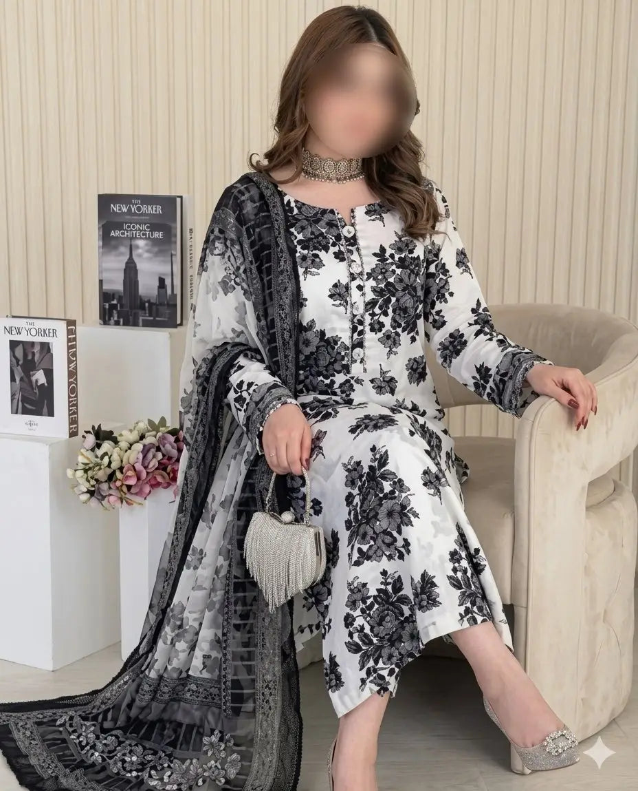 3 Pcs Women's Unstitched Digital Print Suit
