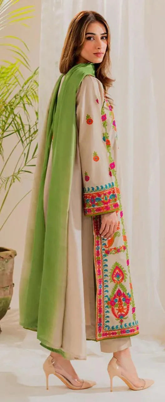 Unstitched Eid Ramadan Suit Beige Embroidered Lawn 3Pc