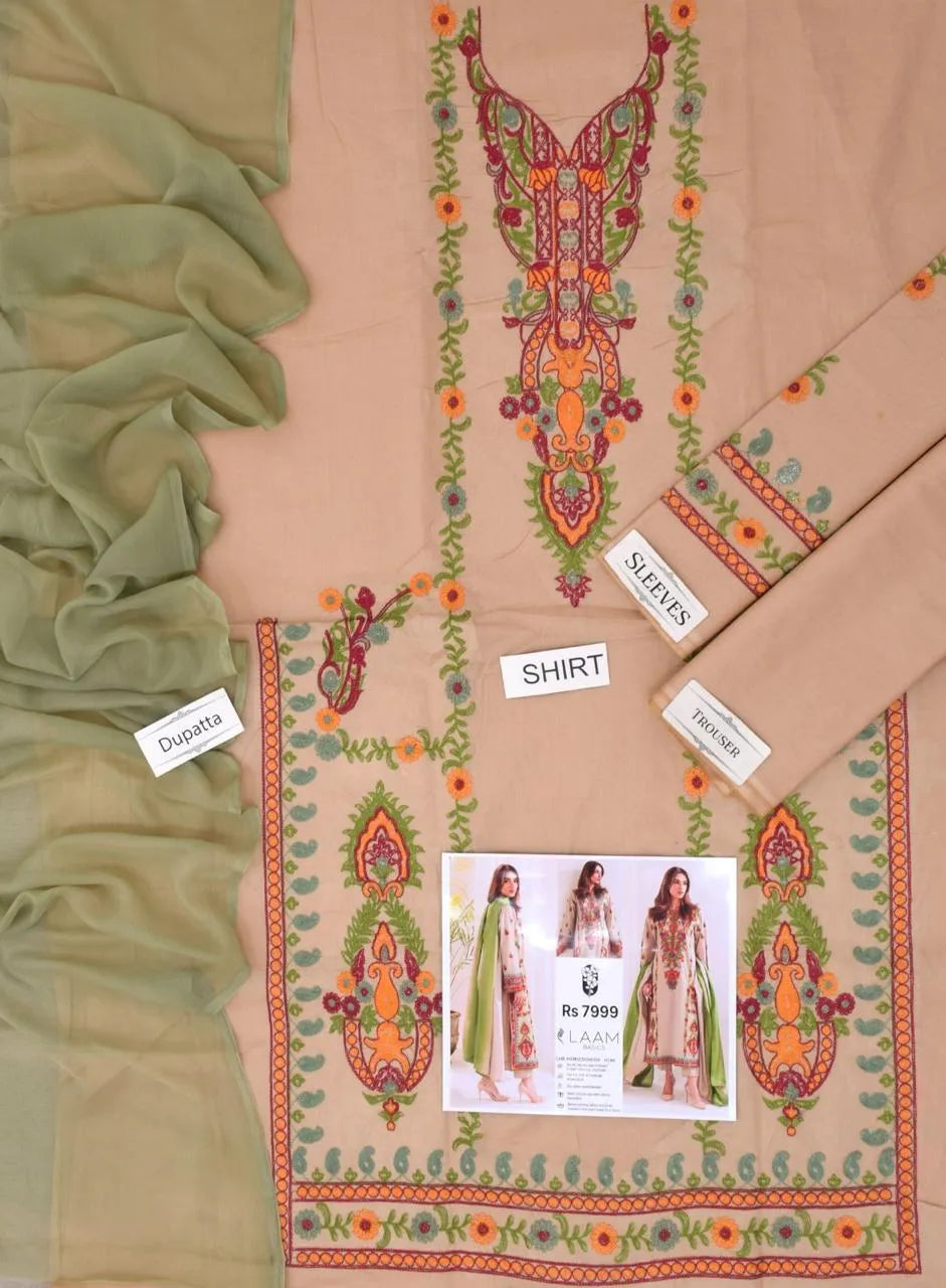 Unstitched Eid Ramadan Suit Beige Embroidered Lawn 3Pc