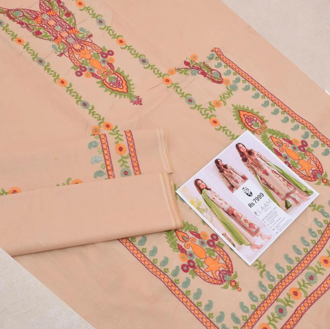 Unstitched Eid Ramadan Suit Beige Embroidered Lawn 3Pc