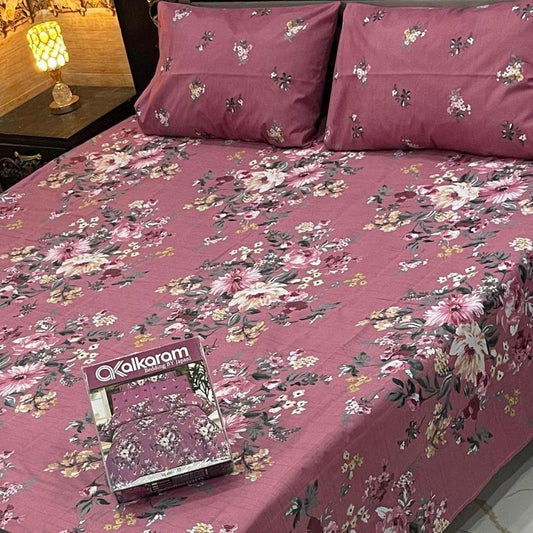 Premium Cotton Floral Bedsheet Set Pink Double Bed