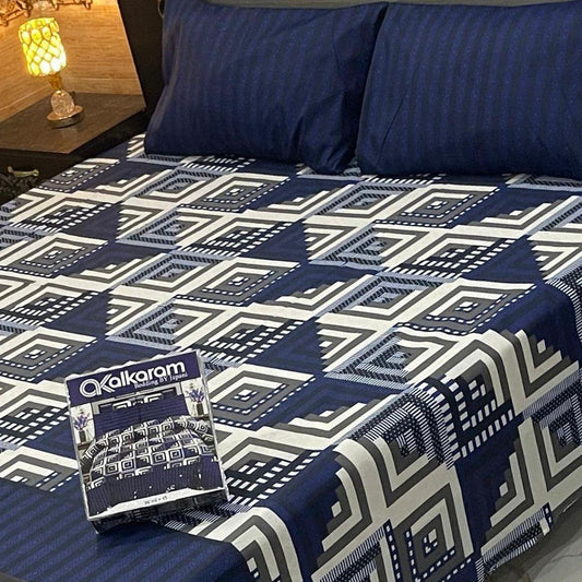 Double Bedsheet Set Cotton Salonica Navy White Geometric