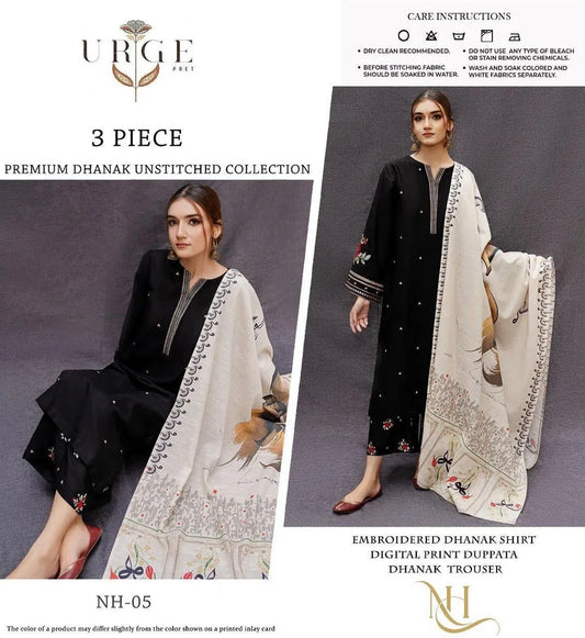 3 Piece Black Embroidered Dhanak Suit with Printed Dupatta