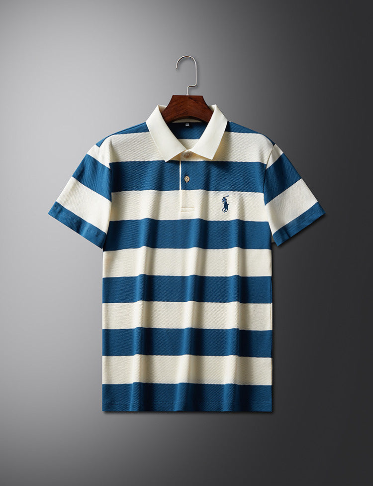 Men Striped Polo Shirt Khaki Summer Casual Short Sleeve
