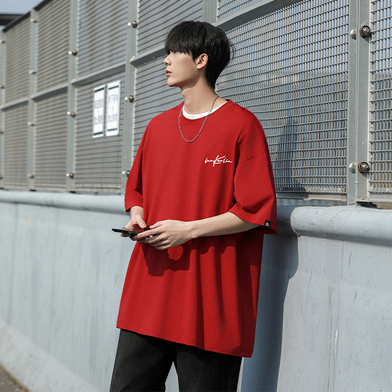 Men Loose Embroidered T-Shirt Plus Size Summer Black