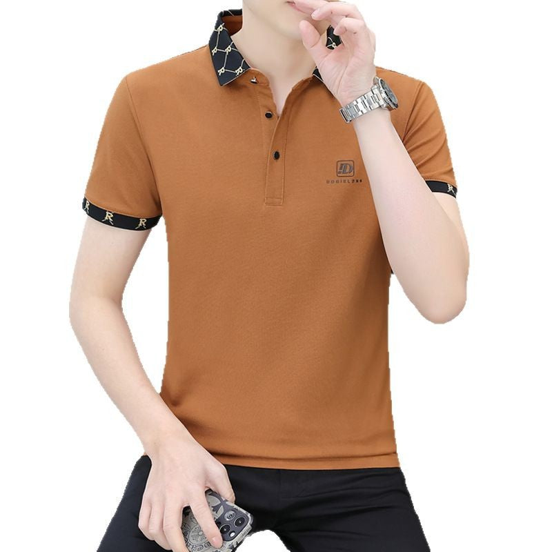 Men Cotton Polo Shirt Short Sleeve Trendy Lapel Print