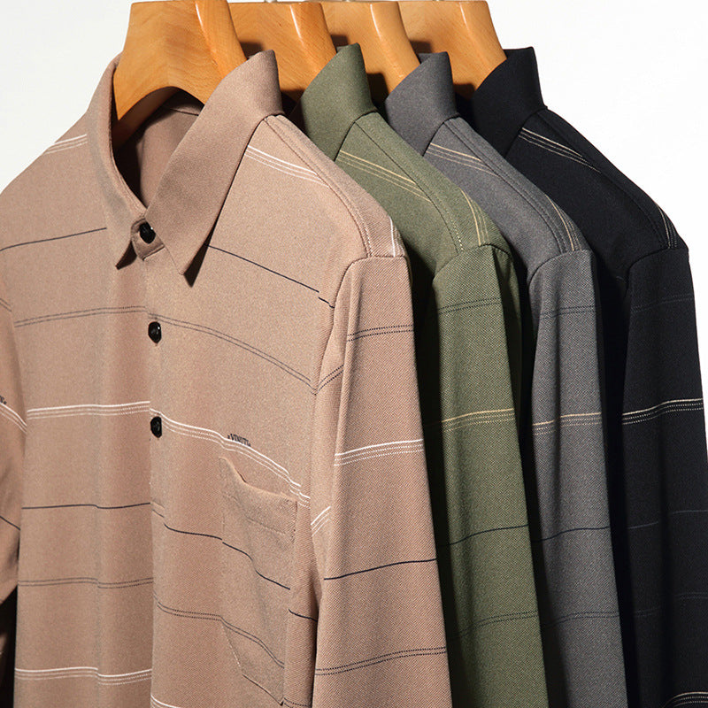 Men Striped Long Sleeve Polo Shirt Grey Autumn