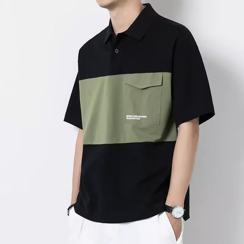 Men's Color Block Polo Shirt Summer Stylish Black Olive
