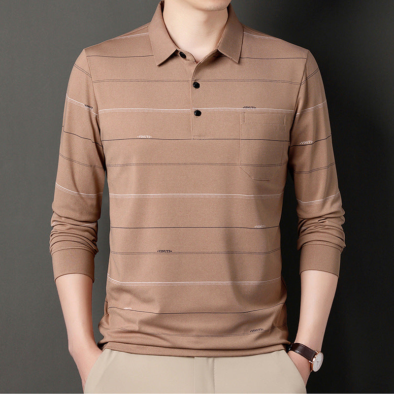 Men Striped Long Sleeve Polo Shirt Grey Autumn