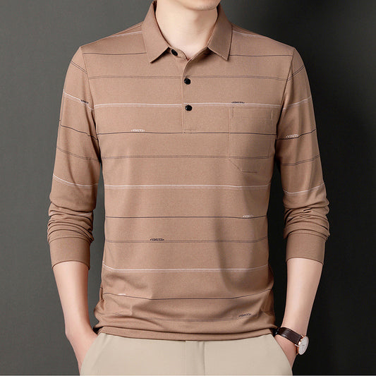 Men Striped Long Sleeve Polo Shirt Grey Autumn