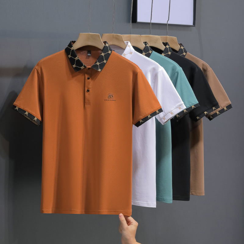 Men Cotton Polo Shirt Short Sleeve Trendy Lapel Print