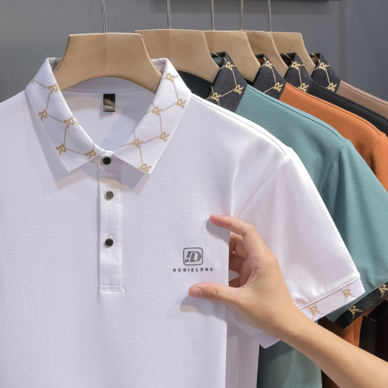 Men Cotton Polo Shirt Short Sleeve Trendy Lapel Print