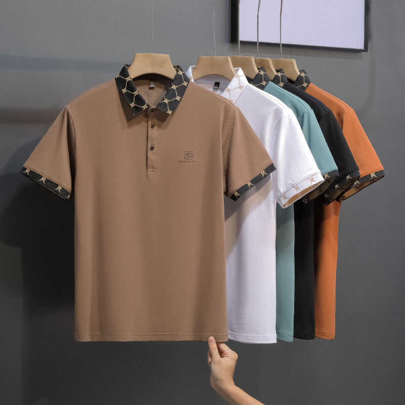 Men Cotton Polo Shirt Short Sleeve Trendy Lapel Print