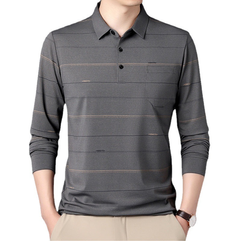 Men Striped Long Sleeve Polo Shirt Grey Autumn