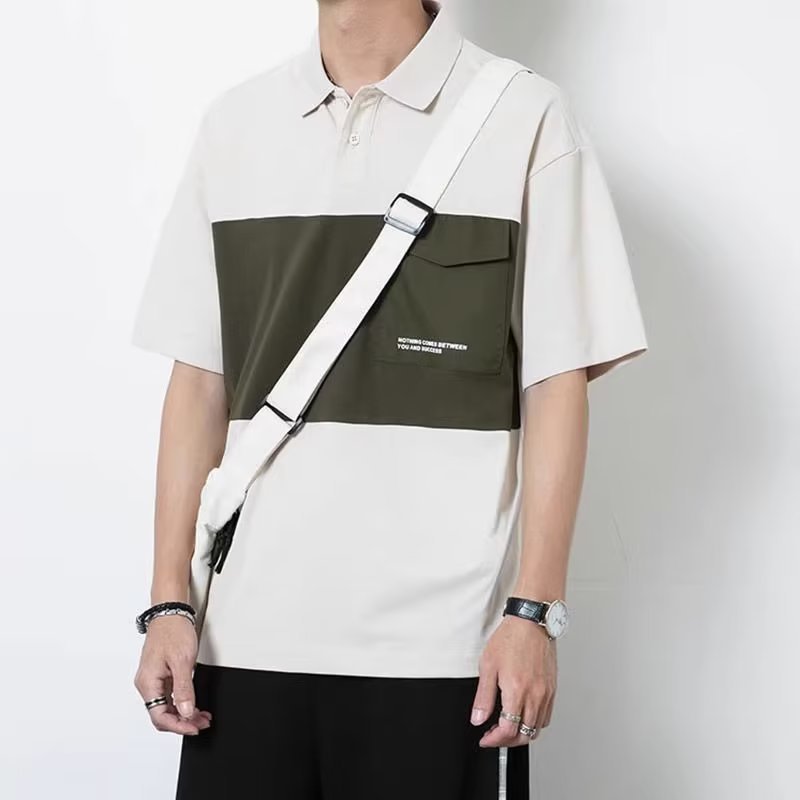 Men's Color Block Polo Shirt Summer Stylish Black Olive