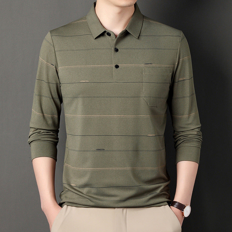 Men Striped Long Sleeve Polo Shirt Grey Autumn