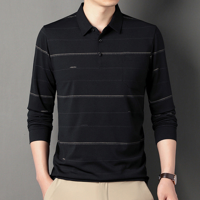 Men Striped Long Sleeve Polo Shirt Grey Autumn