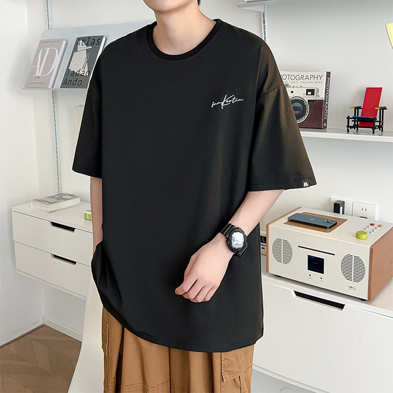 Men Loose Embroidered T-Shirt Plus Size Summer Black