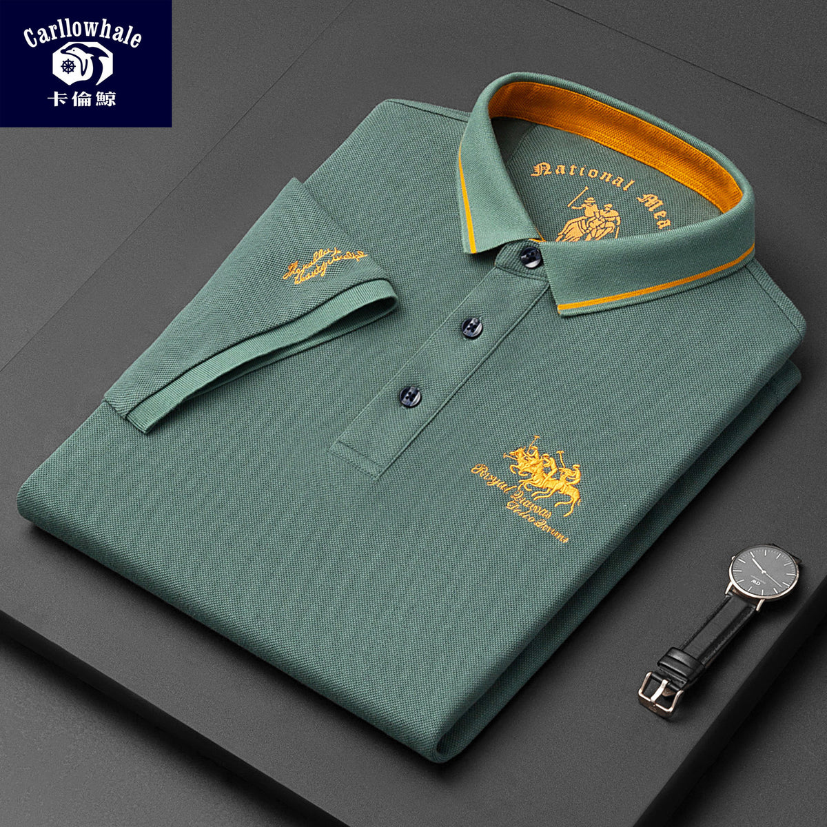 Men Cotton Polo Shirt Green Embroidered Plus Size