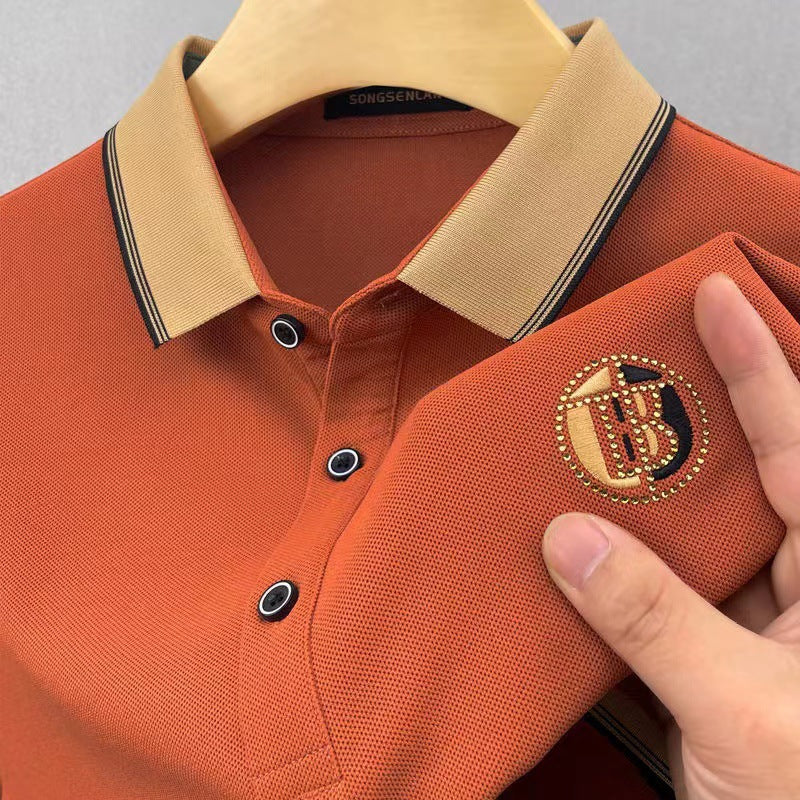 Men Cotton Embroidered Polo Shirt Orange Large Summer