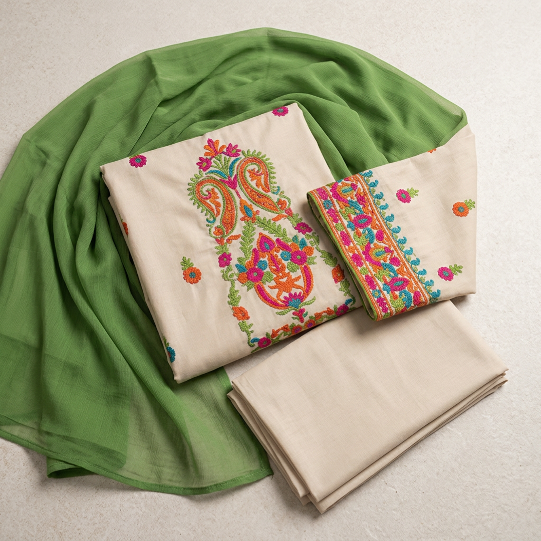 Unstitched Eid Ramadan Suit Beige Embroidered Lawn 3Pc